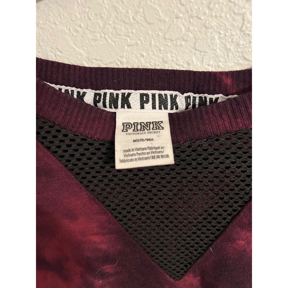 Pink Victoria's Secret Tie Dye Sweatshirt Burgundy Black Mesh V-Neck Dog Logo M - Picture 4 of 4